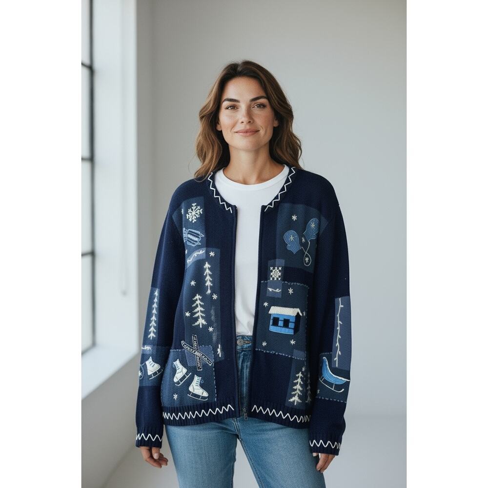 Holiday Lodge North Crest Women’s Full Zip Sweater Cardigan Ski Lodge Sz L(14-16